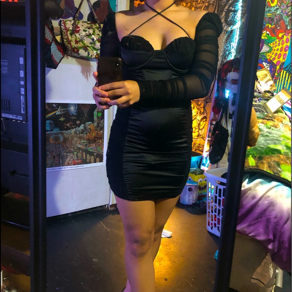 Did You Mesh Me Ruched MIDI Dress- black/black